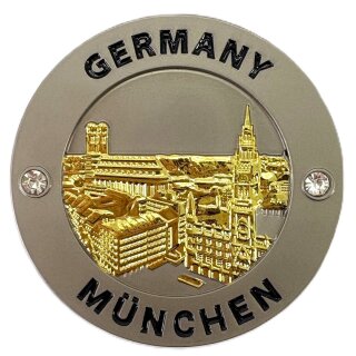 München Metallmagnet Rund Stadtpanorama und Strasssteinen - Silber Gold