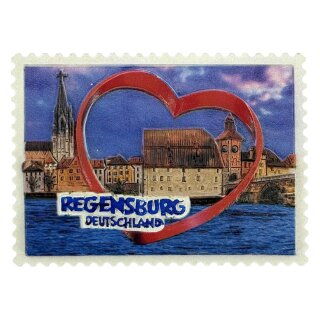 Briefmarken-Magnet mit Regensburg Panorama Herzmotiv und Donau