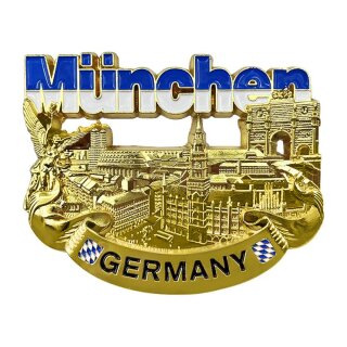 München Kühlschrankmagnet Metall 3D Skyline Bayern Souvenir - Gold Glänzend
