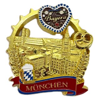 München Metallmagnet Bierkrug Brezel Bayern Wahrzeichen - Gold Glänzend