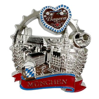München Metallmagnet Bierkrug Brezel Bayern Wahrzeichen - Silber Glänzend