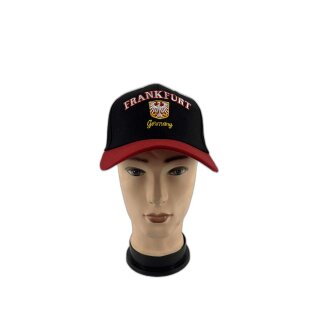 Basecap Frankfurt mit Stickerei Frankfurt Wappen und Frankfurt Schrift, Schwarz mit rotem Schirmrand