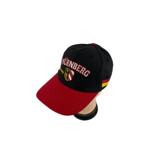 Basecap Köln mit Stickerei Köln-Wappen und Nürnberg Schrift, Schwarz mit rotem Schirmrand