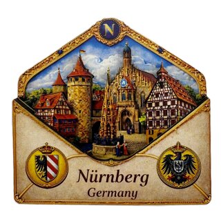 Nürnberg  Holz Magnet Postkarte Deutschland Schöner Brunnen Kirche Nuremberg Beige